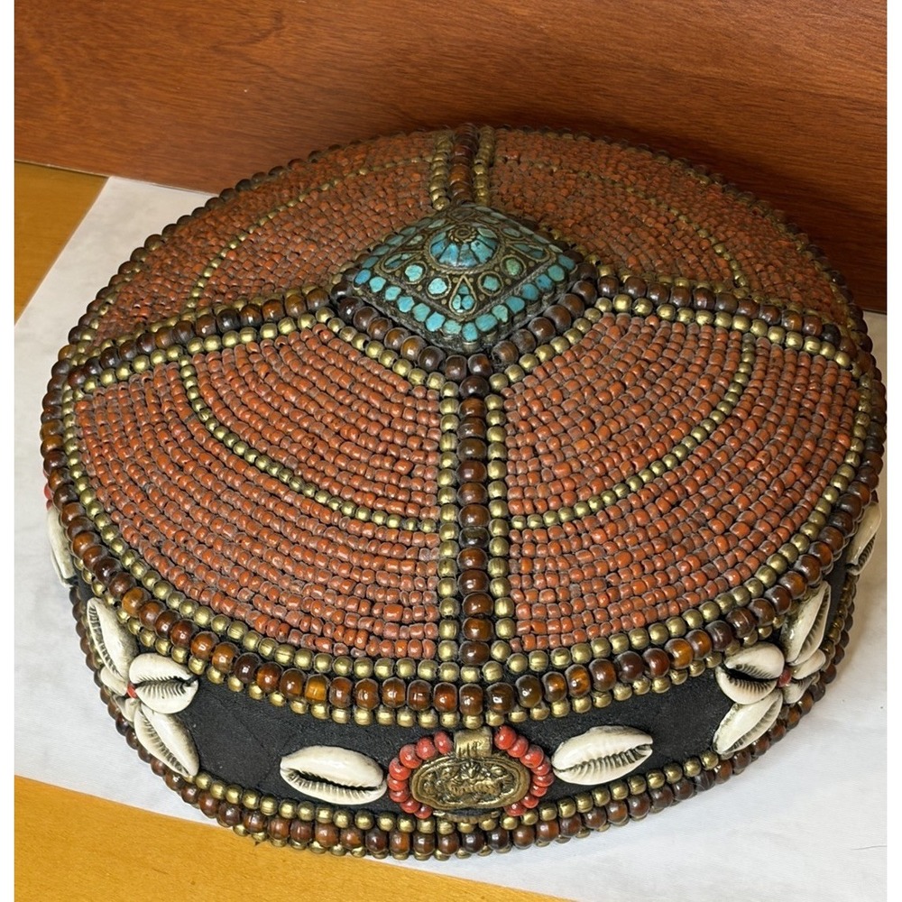 Tibetan Beaded Hat Ceremonial Headdress Red Coral Turquoise Beaded
